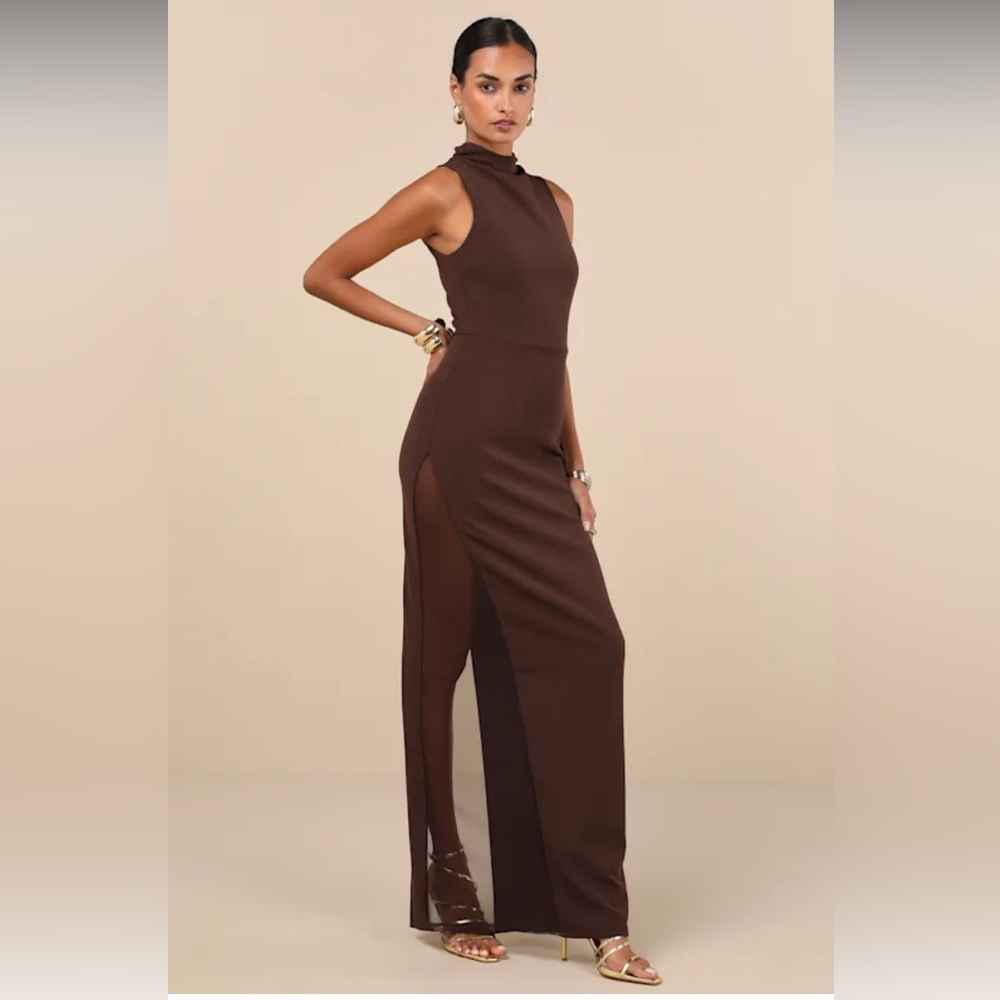 Lulus Alluring Influence Dark Brown Mock Neck Sleeveless Maxi Dress - M